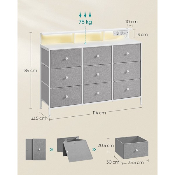 Rootz 9 Skuffekiste - Opbevaringsenhed - Kommode - LED -belysning - Rumbesparende - 33,5 x 114 x 84 cm
