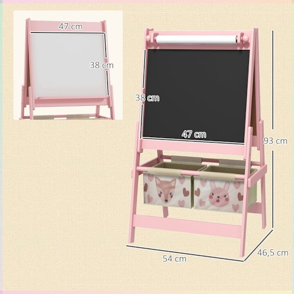 Rootz 3-in-1 lasten maalausteline - Lasten taideasema - Creative Play Board - Liitutaulu, Valkotaulu, Paperirulla - Säilytyskorit - 54 cm x 46,5 cm x