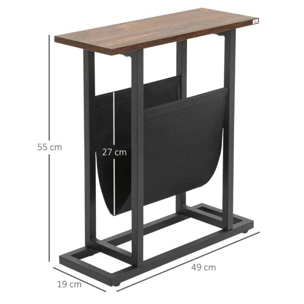 Rootz Sidebord - Sengebord - Sofabord - smalt design - Med stofpose - Stål - Mørkebrun + Sort - 49 x 19 x 55cm