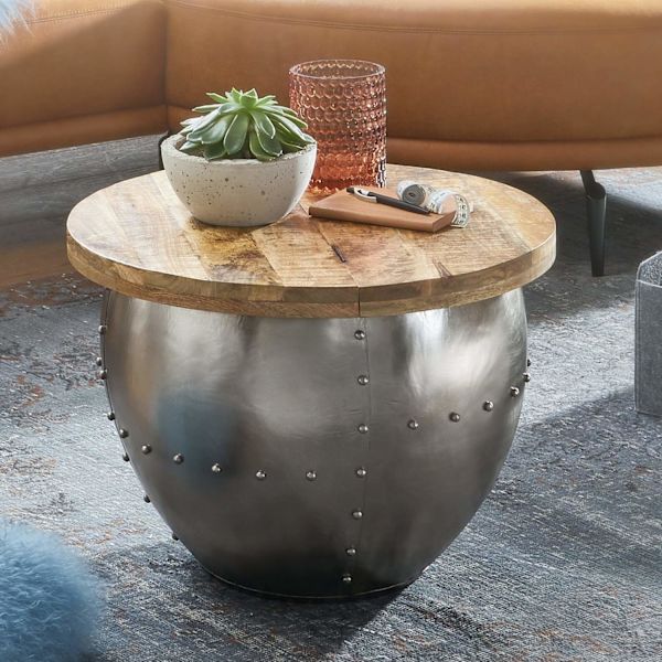 Rootz soffbord Mango massivt trä - metall 60x43x60 cm industriell stil runt - Design vardagsrumsbord med förvaringsutrymme - Modernt loungebord soffbo