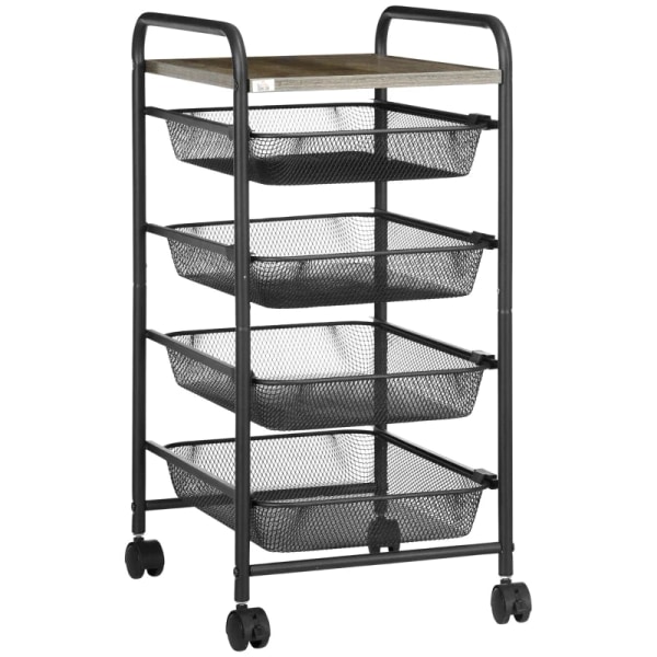 Rootz Serveringsvogn - 4 rum - 1 bordplade - 4 hjul med 2 bremser - Stålramme - Sort - 41,5 x 31 x 66 cm