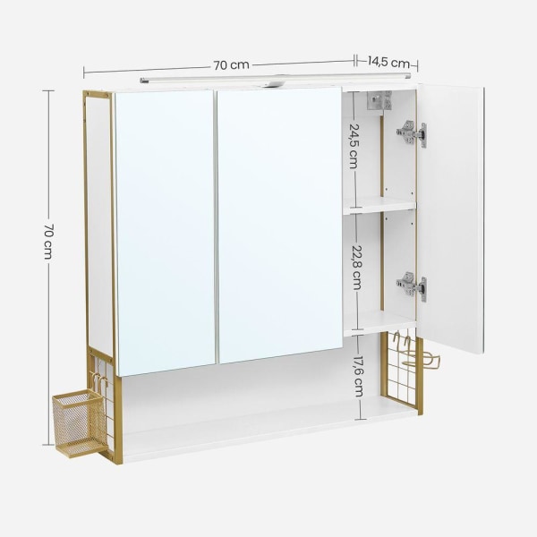 Rootz Spegelskåp - Badrumsskåp - Väggspegelskåp - Spegelskåp Med Belysning - Badrumsförvaringsskåp - Spånskiva/Stål/Glas - Vit-Guld - 70 x 14,5 x 70 c