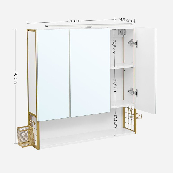 Rootz Spejlskab - Badeværelsesskab - Vægspejlskab - Spejlskab Med Belysning - Badeværelses Opbevaringsskab - Spånplade/Stål/Glas - Hvid-Guld - 70 x 14