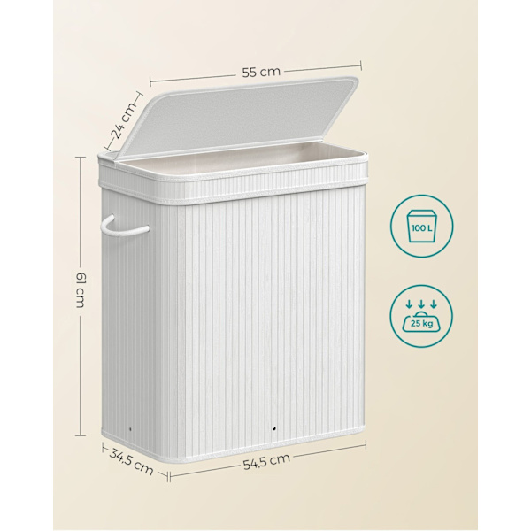 Rootz White Bamboo Tvättkorg - Korg - Klädförvaring - Miljövänlig - Lätt - Hållbar - 54,5 cm x 34,5 cm x 61 cm
