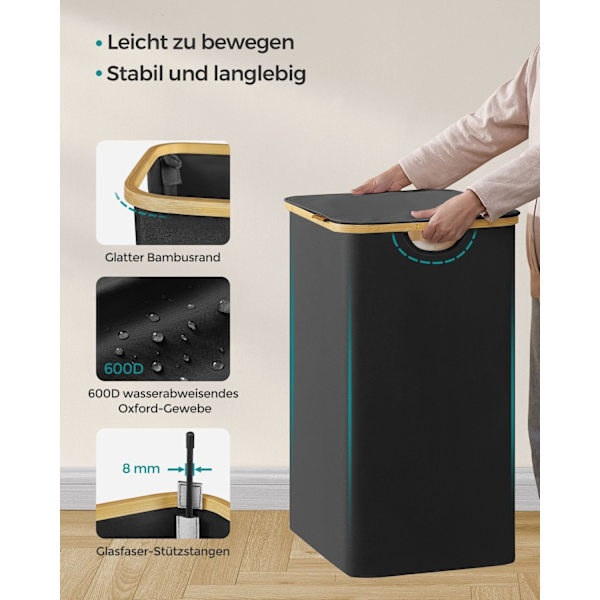 Rootz Bärbar hopfällbar tvättkorg - Korg - Hopfällbar förvaringsfack - 600D Oxford-tyg - Bambu - Lätt - Kompakt - 60 cm x 38,5 cm x 70,5 cm