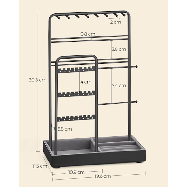 Rootz smykkestativ - Halskædeholder - Øreringeholder - Metal og MDF - 11,5 cm x 19,6 cm x 30,8 cm