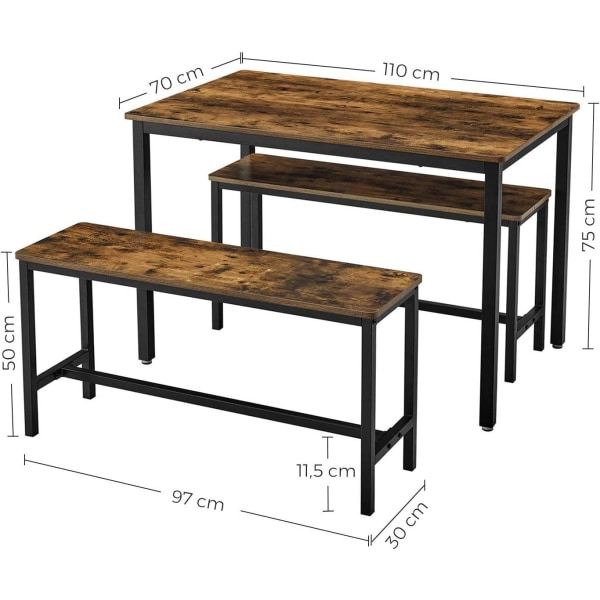 Rootz Spisebord - Køkkenbordssæt med 2 bænke hver (97 x 30 x 50) cm - Metalstel - Industrielt design (110 x 70 x 75 cm)