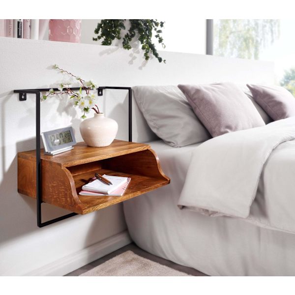 Rootz sengebord til vægmontering 44x45x35 cm sengebord massivt mangotræ - Natbord med hylde - Flydende vægplade til boxmadrasser - Vægkonsol hængende