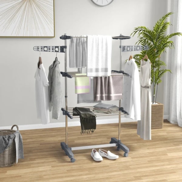 Rootz Klädtorkställ - Klädluftare - Torktumlare - 4 nivåer - Vikbart - One-click System - Rostfritt stål - Blå - Silver - 142cm X 55cm X 152cm