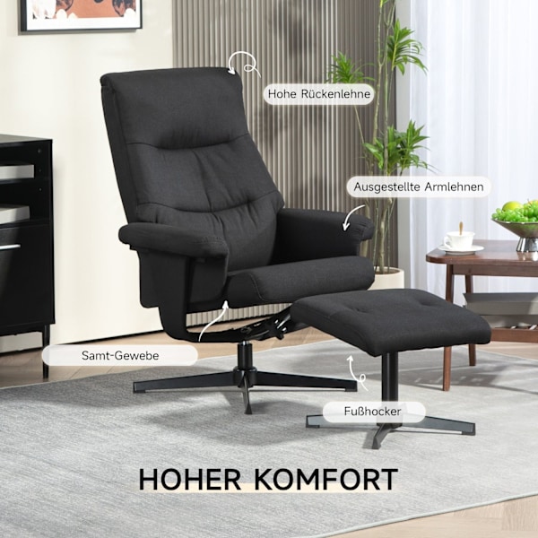 Rootz Reclining Chair with Pall Set - Swivel Seat - Rocker Function - Velvet Look, 135 ° Justera - 74W x 81d x 102h cm, svart