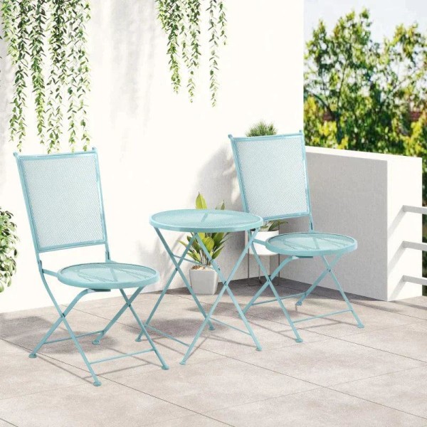 Rootz Bistro Set - Trädgårdssittplatser - Trädgårdsgruppsittplatser - Gruppsittplatser - 1 hopfällbart bord + 2 hopfällbara stolar - Metall - Ljusblå