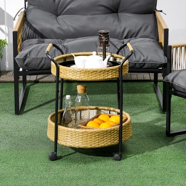 Rootz udendørs serveringsvogn - 2 niveaus bremser - polyrattan - metalramme - stål-PE rattan - gul-sort - Φ50 x 66H cm