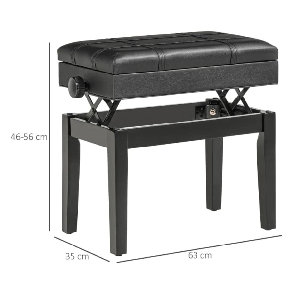 Rootz Pianobänk - Elegant design - Dolt - Svartmålat trä - Förvaringspall - Justerbar sitthöjd - konstläder - Svart - 63L x 35W x 46-56H cm