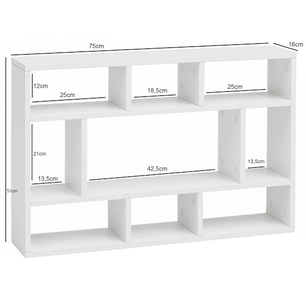 Rootz væghylde hvid 75x51x16 cm hængehylde i træ moderne - Design vægplade frit svævende - Træhylde til væggen - Reol Smal - Dekorativ hylde svævende