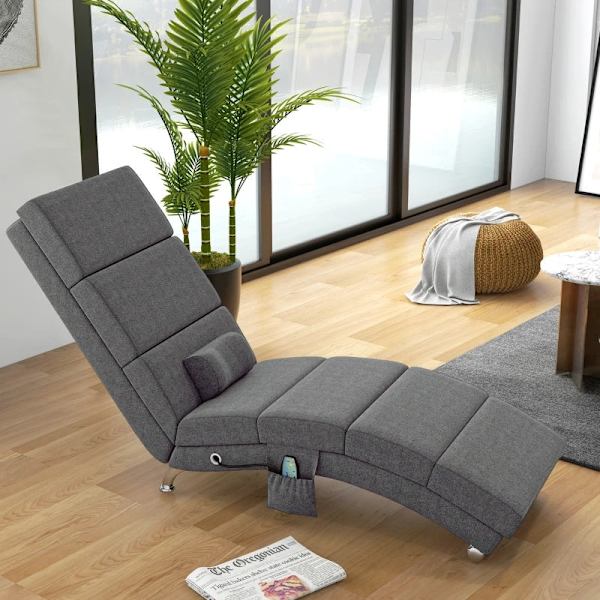 Rootz Massagestol - Avslappningsstol - Liggstol - Golvstol - Sidoficka - 5 lägen - 8 vibrationspunkter - MDF-paneler - Stålram - Linnetyg - Grå - 56 x