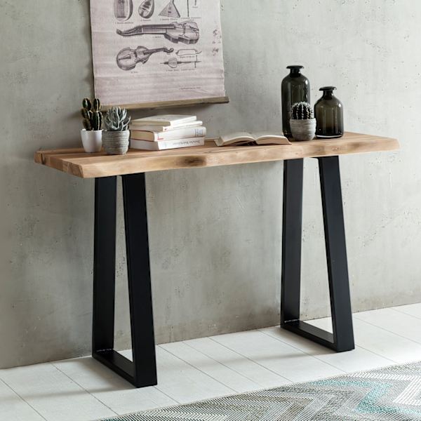 Rootz Modern Design Kontorbord - Bord i massivt træ - Trækant - Trapezformede metalben - Håndlavet - Akacietræ - 118 cm x 41 cm x 76,5 cm