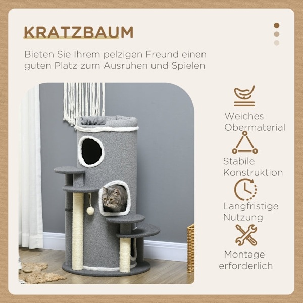 Rootz PawHut Cat Tree - Ultimate skrapstolpe - Cat Climbing Tower - Multi-Level - Slitstarkt Sisal-rep - Mjukt plyschtyg - Ø57 x 99H cm