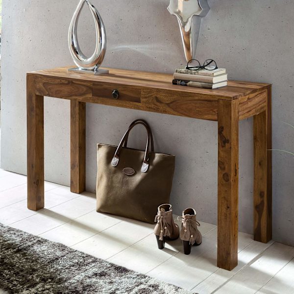Rootz konsolbord massivt træ sheesham konsol med 1 skuffe skrivebord 120 x 40 cm skænk i landlig stil
