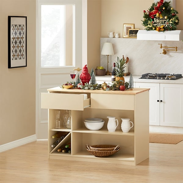 Rootz Modern Kitchen Island - Skänk - Bufféskåp - MDF och gummiträ - Rymlig förvaring med 5 fack och 2 lådor - Förvaring av vinflaskor - 120 cm x 90 c