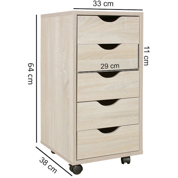 Rootz-rullakontti 33 x 64 x 38 cm MDF-puuta 5 laatikkoa sonoma - Nykyaikainen laatikkokontti pyörillä - Jalustakonttikontti toimistokontti