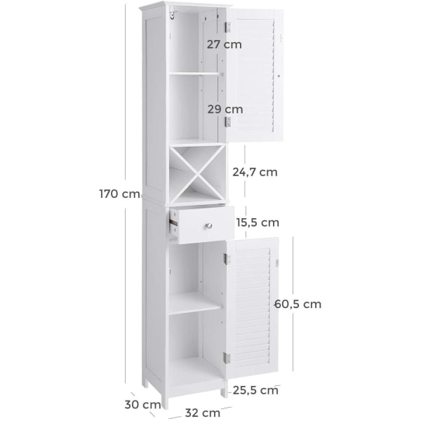 Rootz Badeværelsesskab - 170 CM - Skab - Badeværelsesmøbler - Badeværelsesmøbler - Hvid - 32 x 30 x 170 cm, (BxH x D)