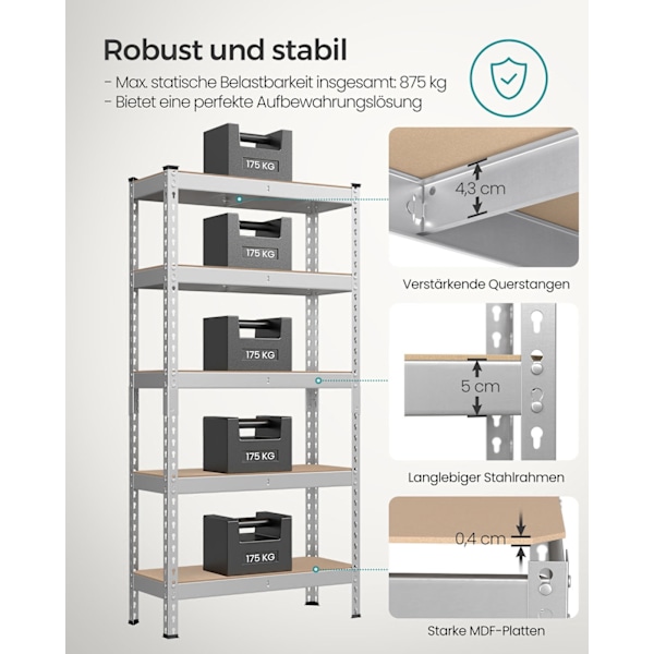 Rootz 2 Set Heavy Dut -hylly - tukeva säilytysyksikkö - teollisuushyllyt - Max -kuorma 875 kg - hopeateräs ja mdf - 30 cm x 75 cm x 150 cm
