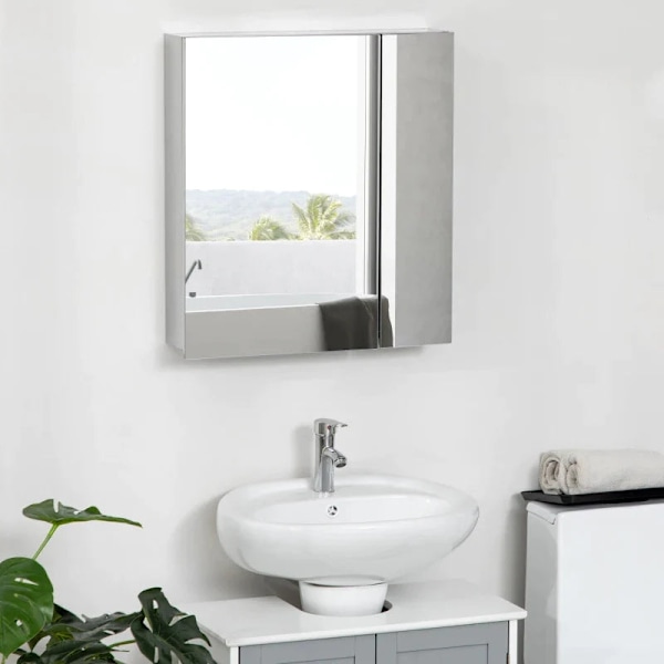 Rootz Spegelskåp - Badrumsskåp - 2 spegeldörrar - 3 invändiga hyllor - Rostfritt stål - Silver - 54 x 13 x 60 cm