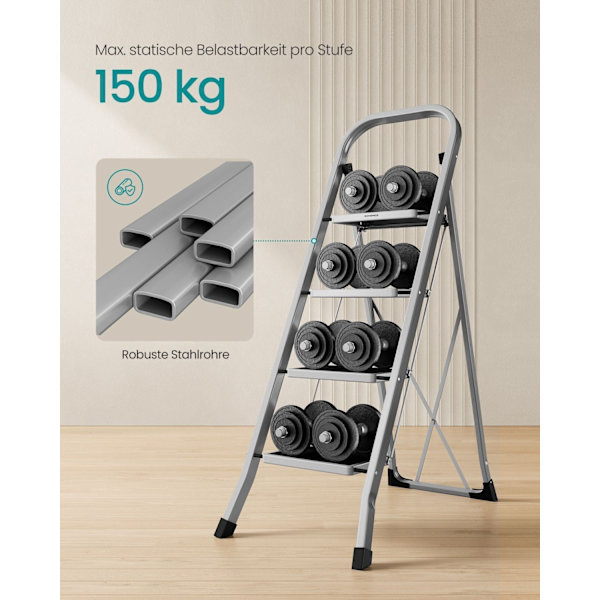 Rootz Stål Foldestige - Trinskammel - Kraftig - 89 cm x 45 cm x 127 cm - Letvægts - Dove Grey - 7,6 kg - Max belastning 150 kg