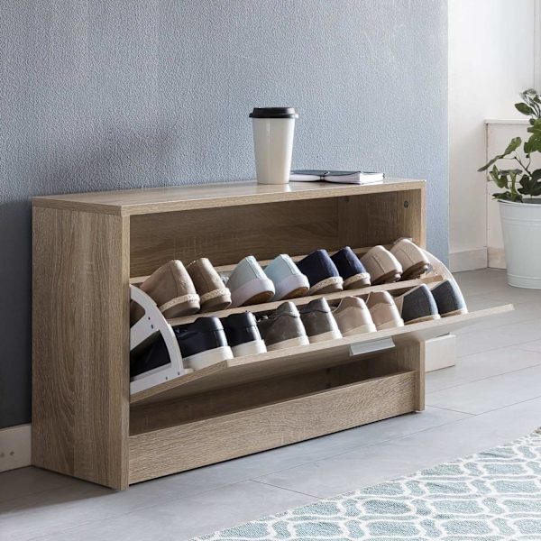 Rootz stativ med sæde Sonoma eg sko tipper træ 80 x 47 x 24 cm - Gulvbank lille lukket - Bænk smal gang med opbevaringsplads - Skoskab enkelt bænk bæn