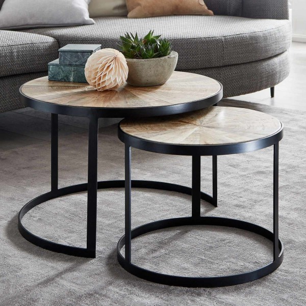 Rootz design soffbordsset med 2 st mango massivt trä häckbord runda - Soffbord med metallben brunt - Bordsunderlägg 2-delat häckbord i trä - metall sv