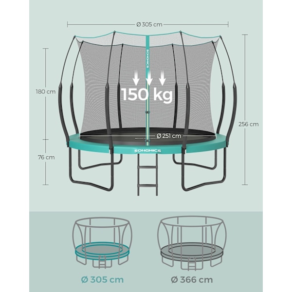 Rootz 12ft Sea Blue Trampolin - Udendørs udsmider - Hoppemåtte - Sikkerhedsnet - Galvaniseret stålramme - Glasfiberstænger - 305cm x 256cm x 76cm