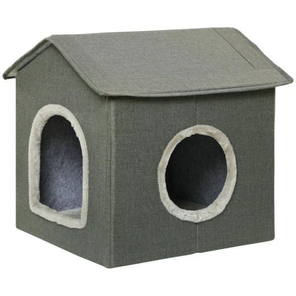 Rootz Cat Cave med kudde - Kattsäng - Resesäng för husdjur - Tvättbar kudde - MDF - Imitation av linne - Khakigrön - 39cm x 43,5cm x 40,5cm