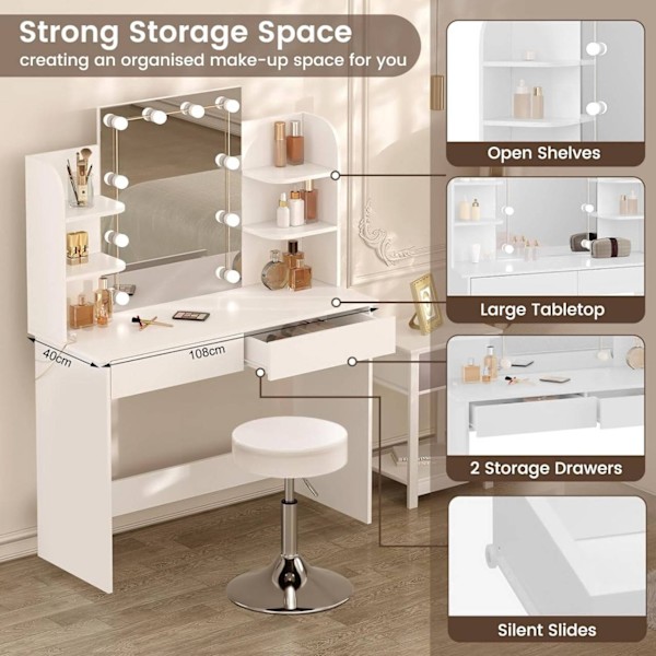 Rootz White Sminkbord med pall - Sminkbord - Skönhetsskrivbord - Justerbar LED-belysning - Gott om förvaring - Hållbar konstruktion - 108cm x 142cm x