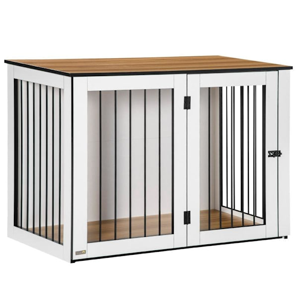 Rootz Hundebur - 2-i-1 Design Hundebur - Låsbar - Stål - Spånplade - Mørk valnød + Hvid - 106 cm x 60 cm x 76 cm