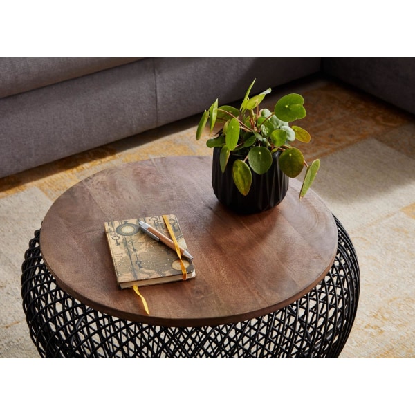 Rootz soffbord mango massivt trä metall 60x60x45 cm svart runt med förvaringsutrymme - Design vardagsrumsbord flätat bord modernt - Avslutsbord soffa