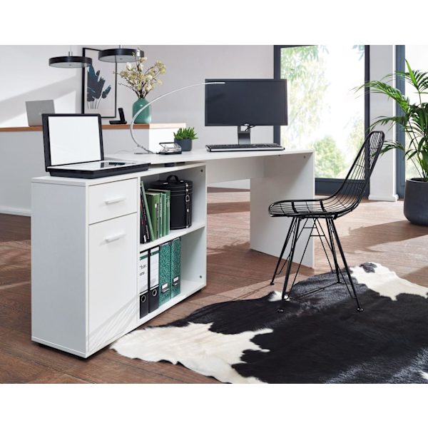 Rootz design -kulmapöytä hyllyllä valkoinen 120 x 75,5 x 106,5 cm - Moderni toimistopöytä Tietokonepöytätyöpöytä - Kulmapöytä kotitoimisto
