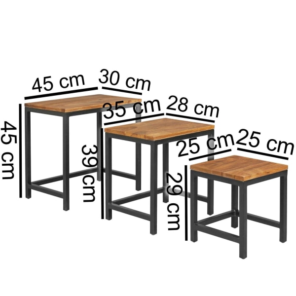 Rootz 3 Design Sidobord Sheesham Häckningsbord Metallben - Bordsunderlägg 3 st Materialmix - Anstellisk gjord av massivt trä