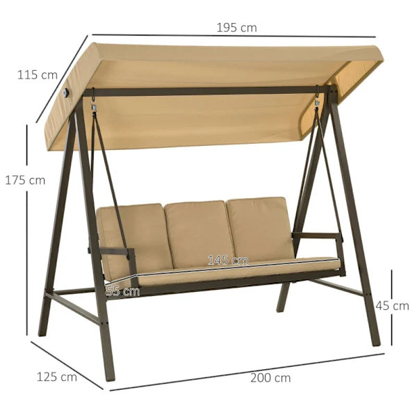 Rootz Garden Swing Chair - Hollywood Swing - Bænk Justerbar - Rygpuder - Solsejl - Sædehynde - Stål - Tekstlinje - Beige - Brun - 200cm X 125cm X 175c