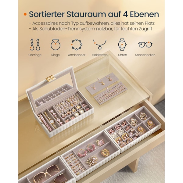 Rootz smyckeskrin med spegel - Organizerfodral - 4-vånings - Molnvit - 17 cm x 28 cm x 20,5 cm - PU syntetiskt läder - MDF - Modern stil