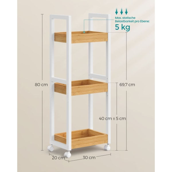 Rootz-säilytyskärry - Valkoiset-luonnolliset värit - MDF-bambu - Kevyt - Tilava - Helppo koota - 20cm x 30cm x 80cm