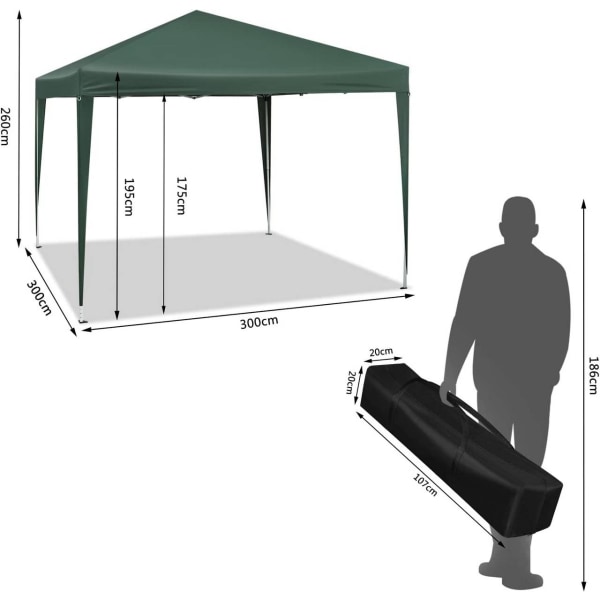 Rootz Gazebo Pop-Up telt - Vandtæt Pagoda - Solafskærmning - UV- og regnbestandig - Nem opsætning - Justerbar højde - 3 x 3 m Grøn