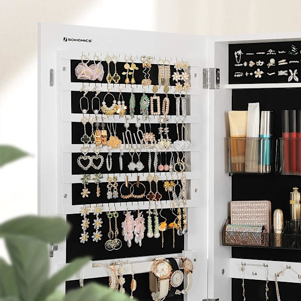 Rootz Smykkespejl - Smykkeskab - Spejlskab - MakeUp Organizer - Rammeløs - Låsbar - Hvid - MDF - 41,2 x 36,5 x 152 cm