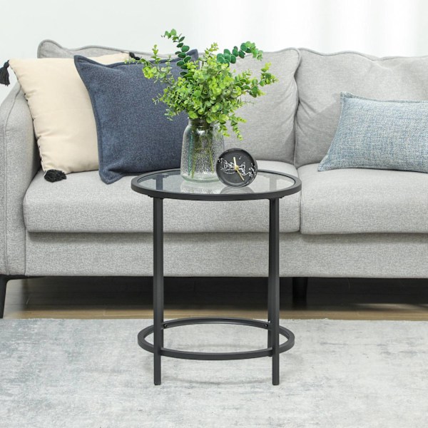 Rootz Round Side Bord - Lille sofabord - Glasplade - Robust ramme - Gulvbeskyttelse - 48 cm x 48 cm x 54,7 cm