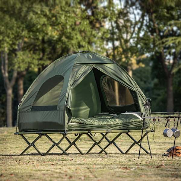 Rootz Allt-i-ett campingset för 2 - Pop-up-tält - Campsäng - Campingsäng - Vattentät - Enkel montering - Slitstark Oxford-nylon - L193 x D145 x H188cm