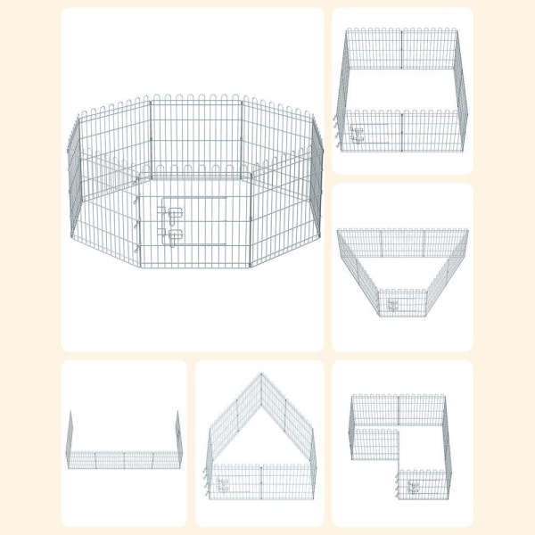 Rootz Metal Puppy Run - Dyreindhegning - Hvalpeindhegning - Dyreindhegning med 8 hegnselementer - Stål - Sølv