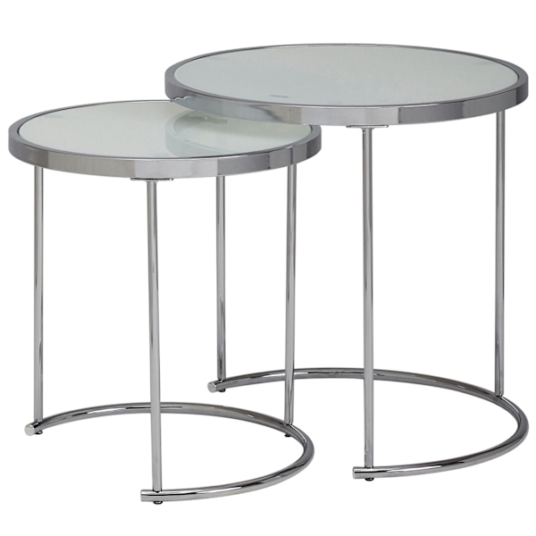 Rootz design sidebord rundt Ø 50-42 cm - 2 stk hvid sølv med glasplade - Stuebord sæt af 2 - Nesting bord mælkeglas - sofabord