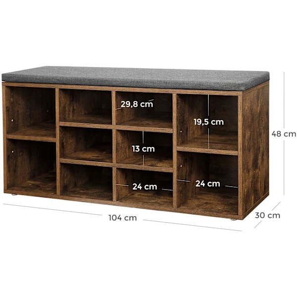 Rootz Skobænk - Skostativ - 10 rum - Industriel - Polstring - Brun - Grå - 104 x 30 x 48 cm