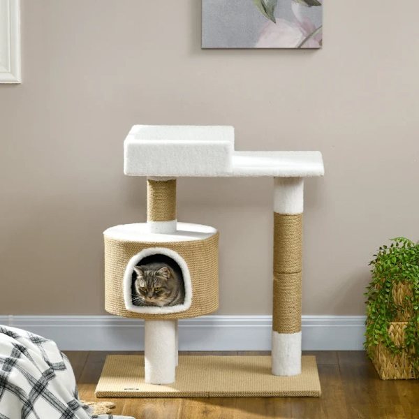 Rootz Skrapstolpe - Kattträd - Kattgrotta - 1 Kattgrotta - 1 Liggyta - Natur + Vit - 70 cm x 49 cm x 79 cm