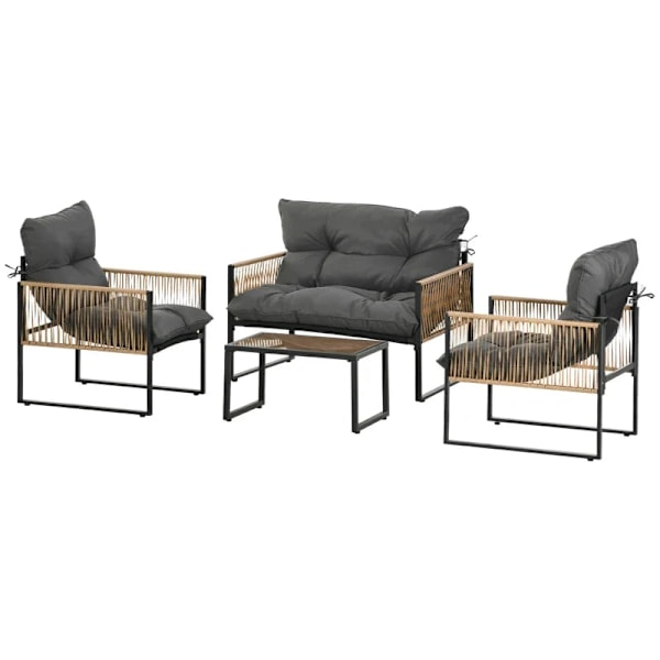 Rootz Havemøbelsæt - 4 stk - Sofa - 2 Stole - Bord - Glasplade - Sædehynder - PE Rattan-polyester-stål - Antracit-brun - 106 x 70D x 72H cm