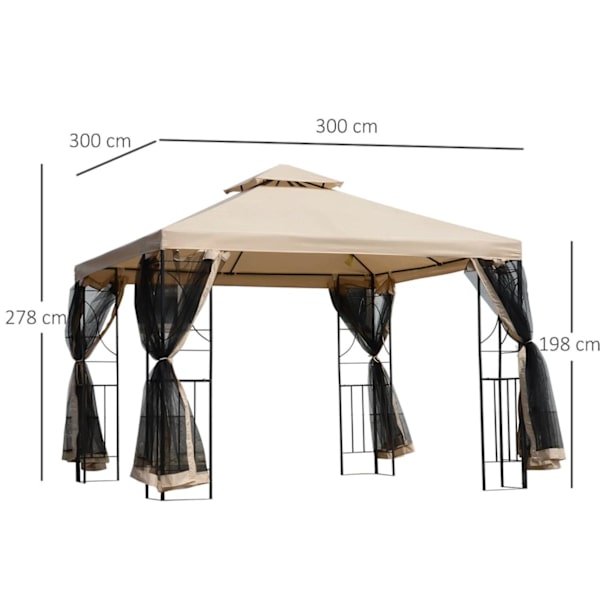 Rootz Partytält - Paviljong - Väderbeständig - Sidoväggar - Beige - Svart - Metall - Polyester - L300 x B300 x H278 cm